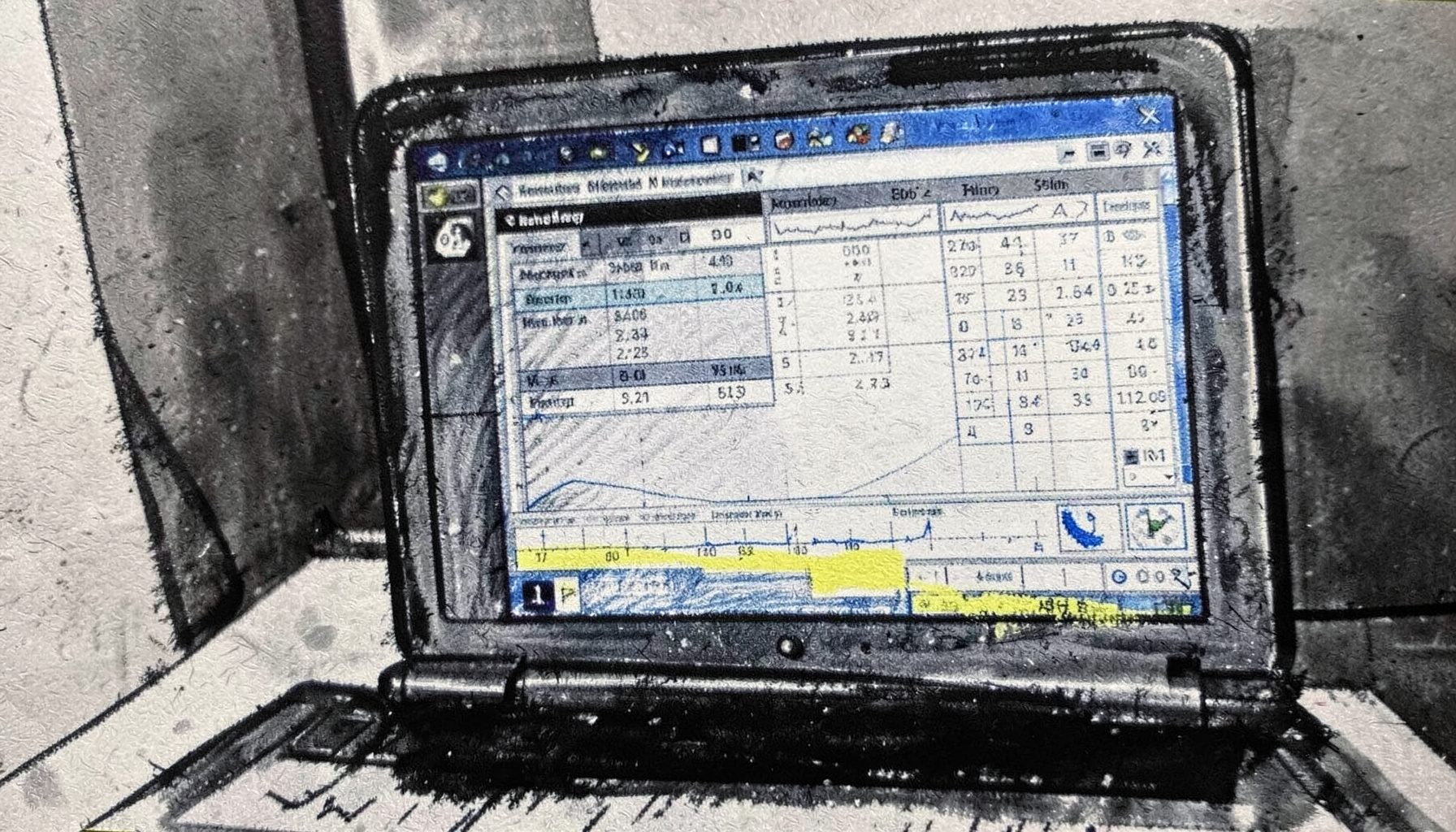 Close-up of a laptop screen displaying engine tuning software with data tables and graphs, dark tones with blue highlights