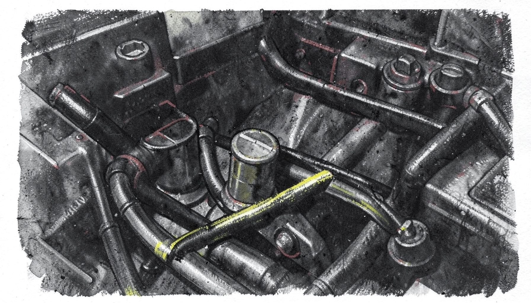 A boost controller solenoid and vacuum lines mounted in an engine bay, dark metallic tones with subtle red accents