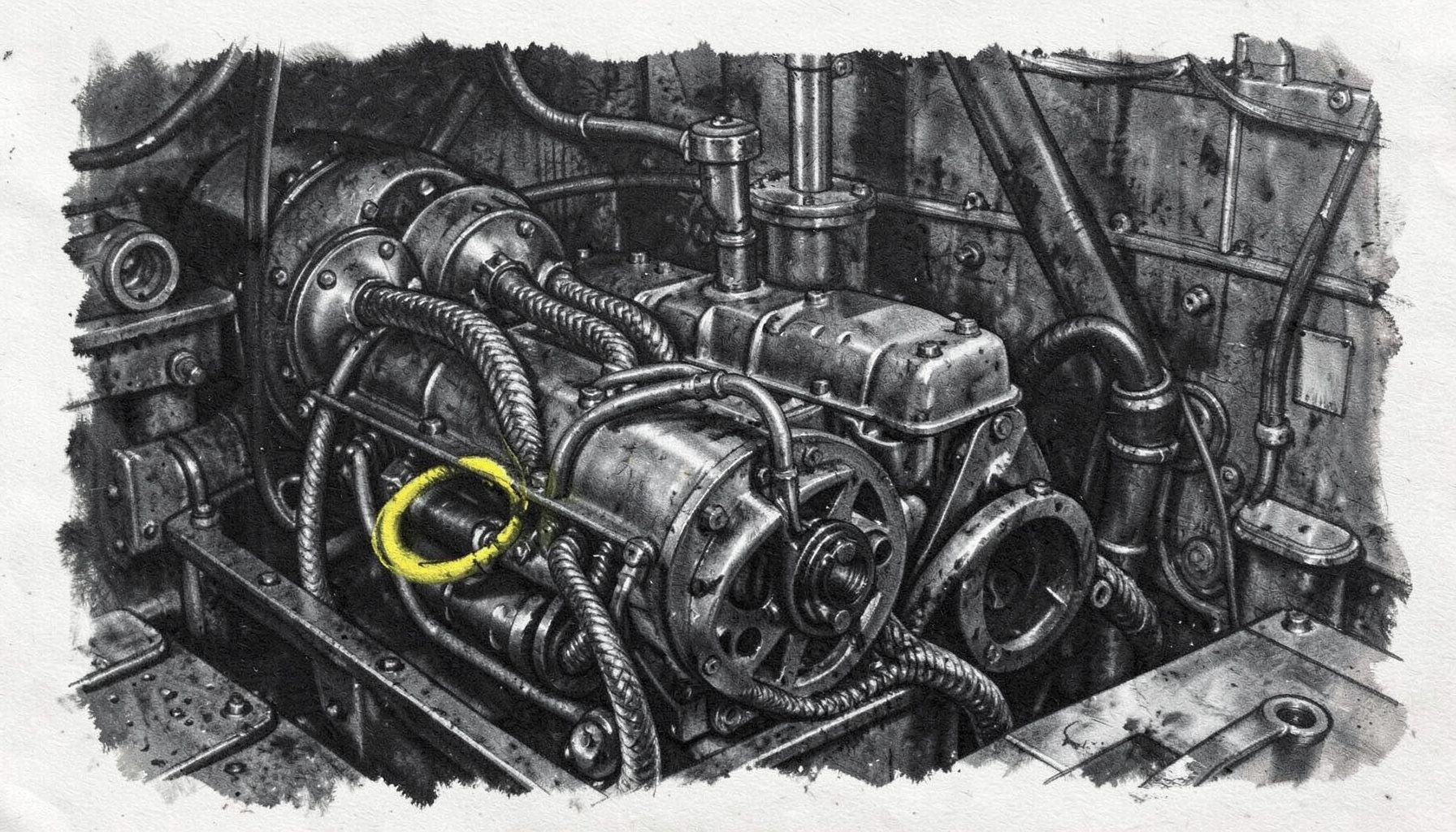 A dark engine bay with a turbocharger and braided lines, metallic grays and deep blacks, moody workshop lighting