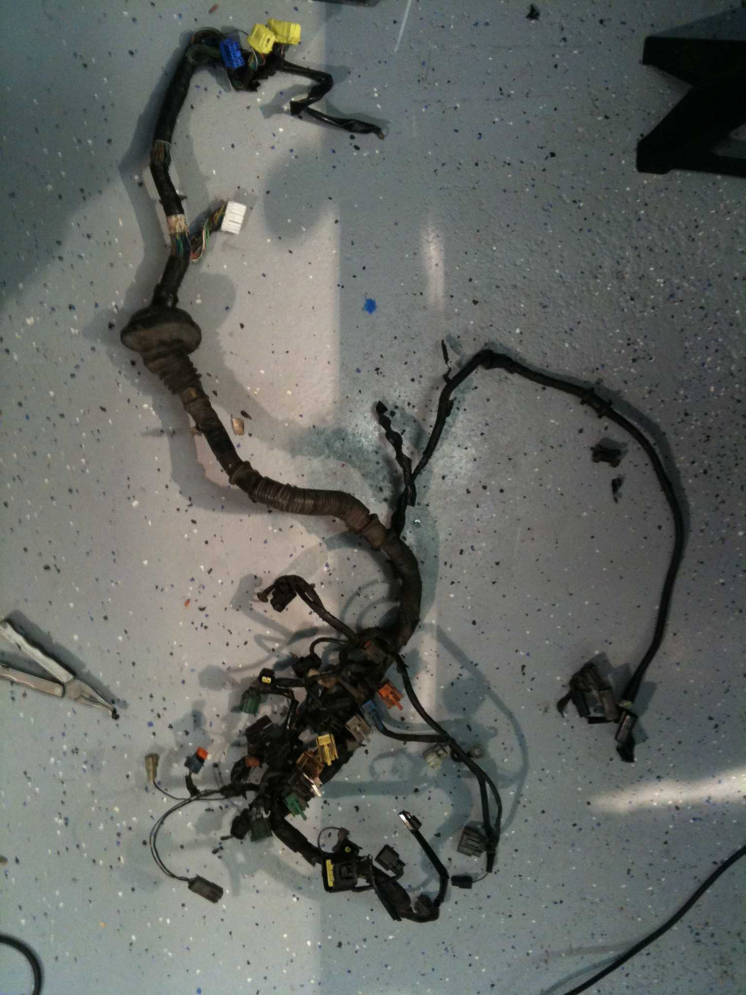 Overhead view of a disconnected wiring harness with multiple connectors laid out on a speckled garage floor